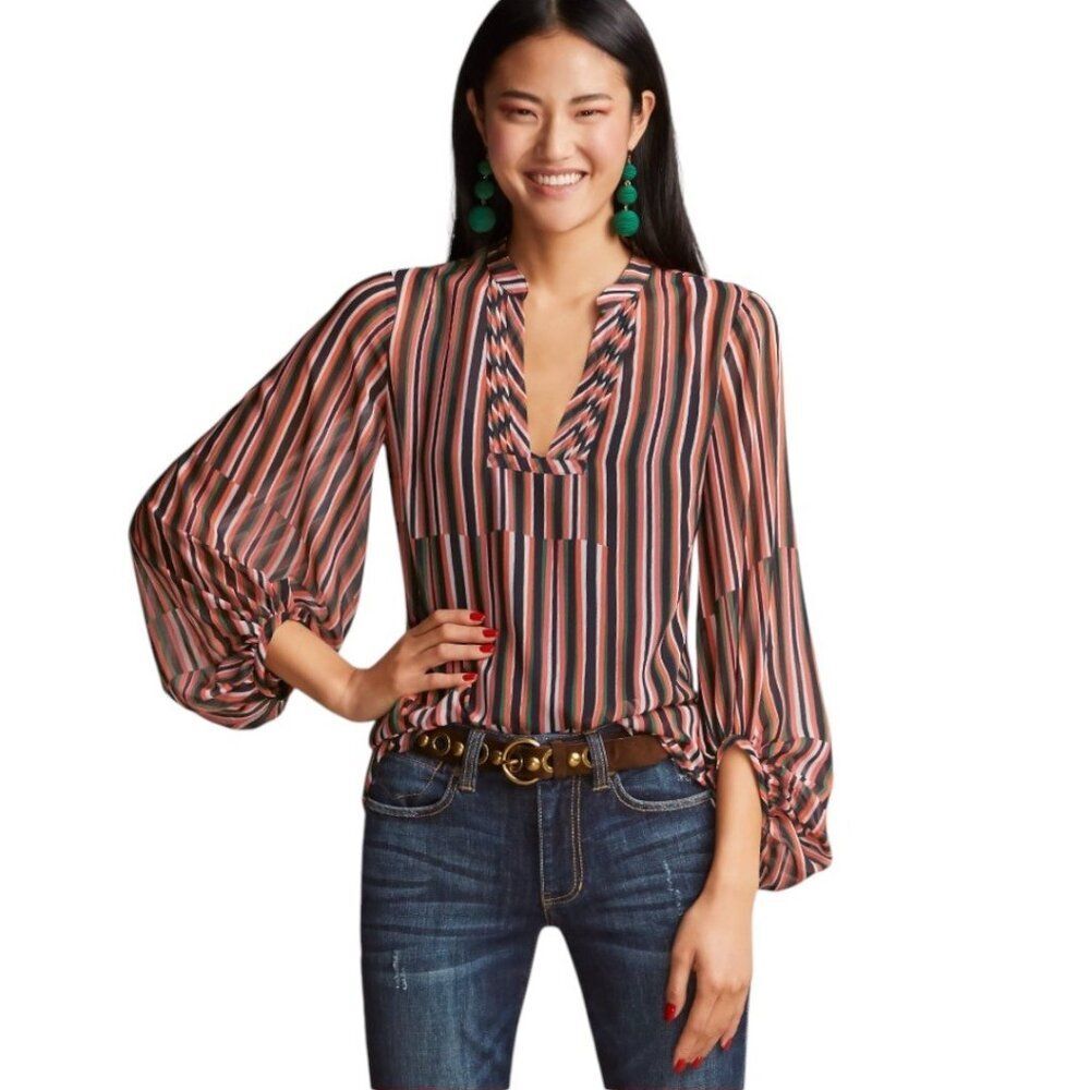 Cabi Ultimate V-Neck 3/4 Sleeve Striped Tunic Top Size S